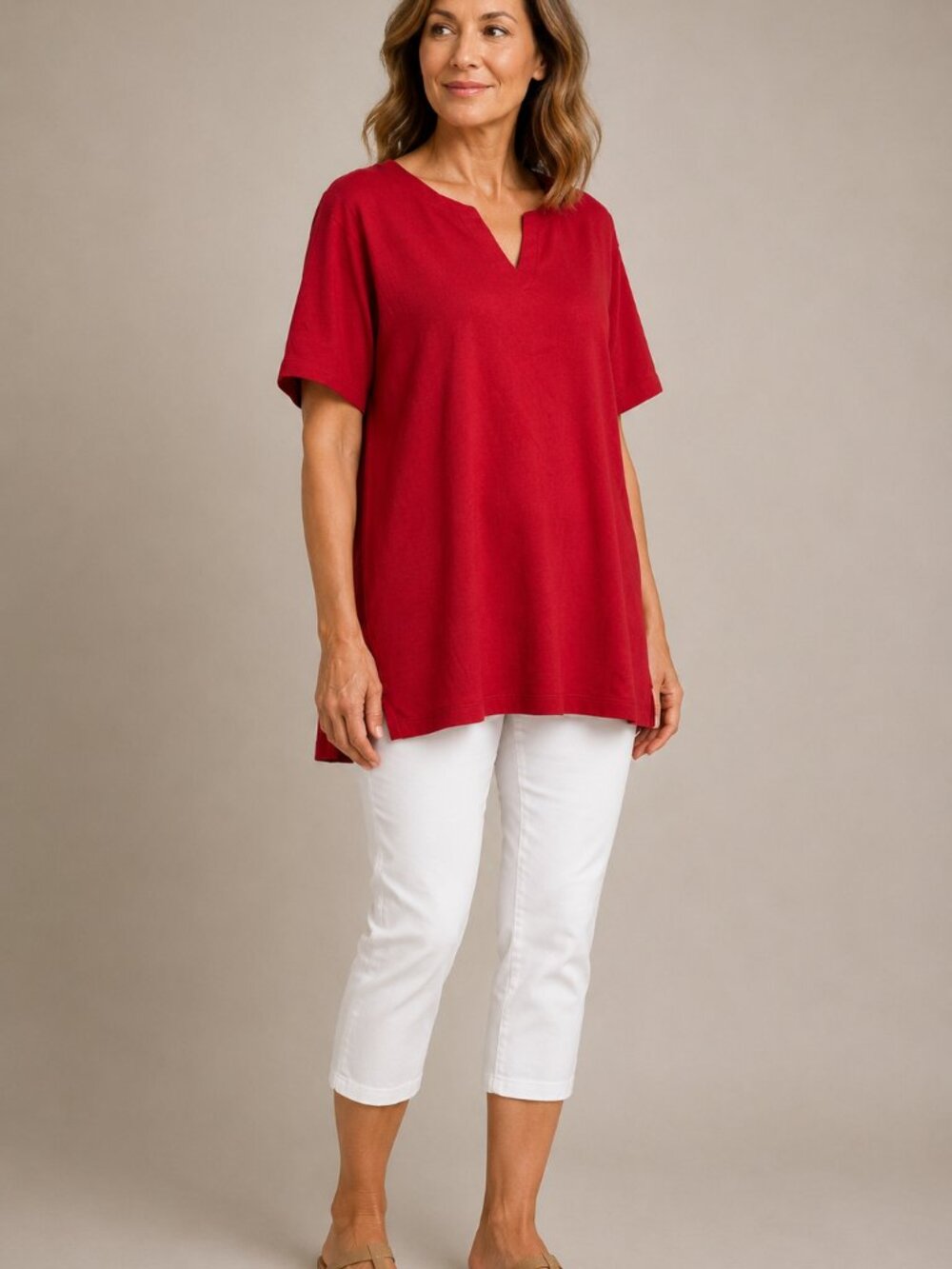 Kim Rogers Perfectly Soft Red Cotton Split Neck Tunic Top 2X